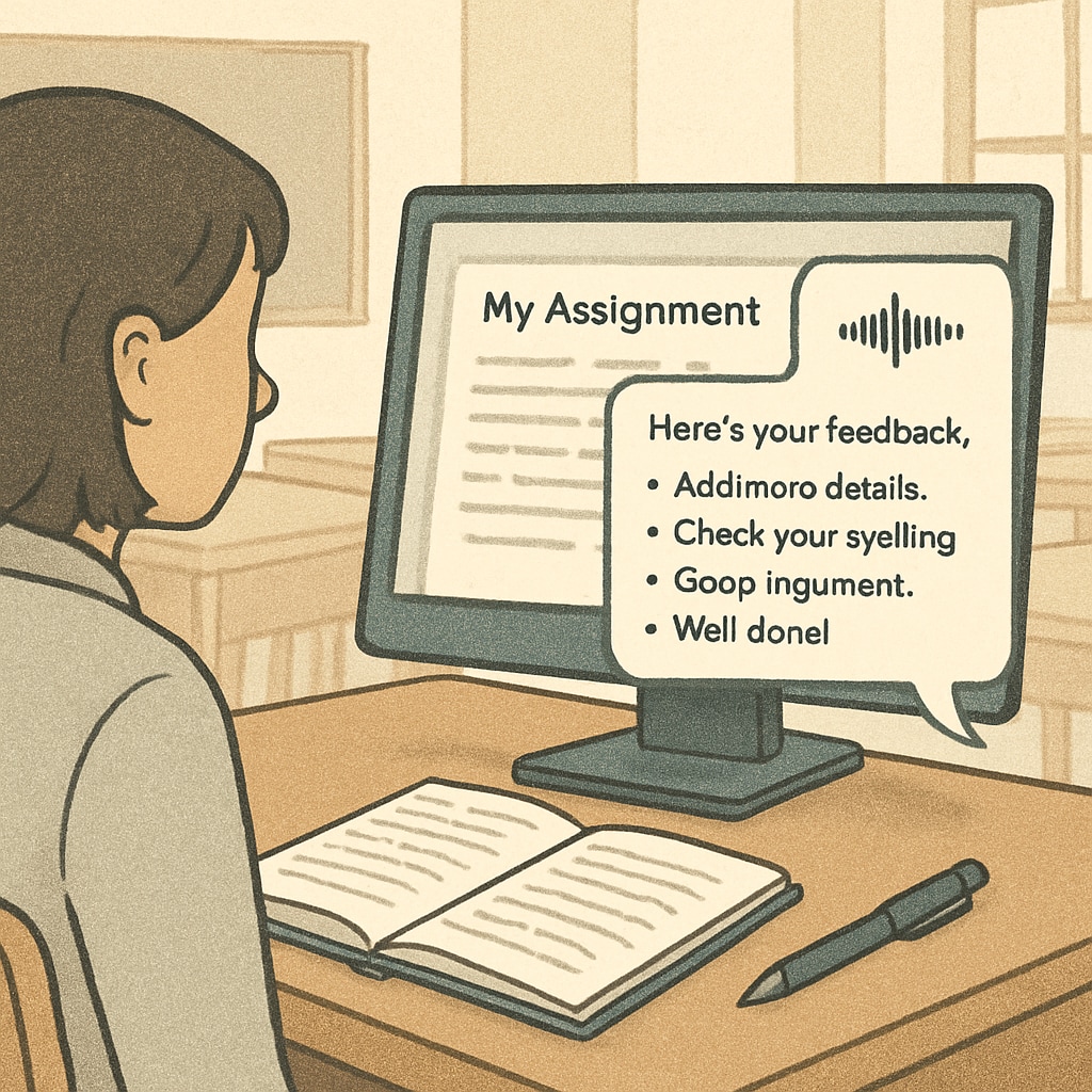 A student receiving voice-to-text feedback on their assignment via a digital platform. Student interacting with voice-to-text feedback provided by WillowVoice in an educational setting.