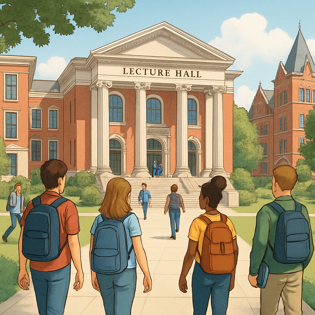 Students entering a university for a foundation year program.