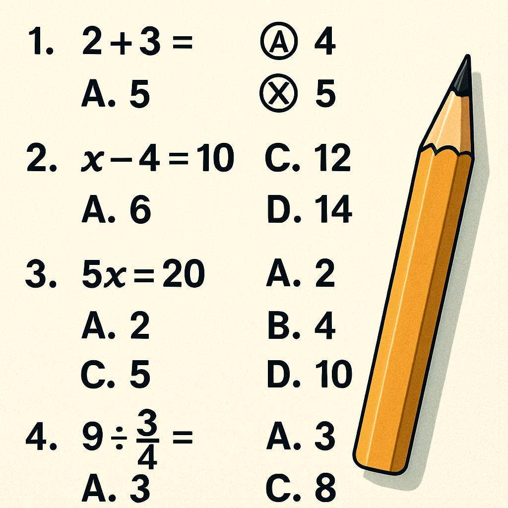 Multiple-choice math test sheet with pencil.