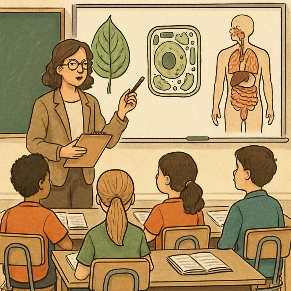 A classroom setting where a teacher is explaining biology concepts to middle school students. The image illustrates the fusion of biology expertise and education in a real-world teaching scenario. Biology teacher explaining concepts to K-12 students in a classroom.