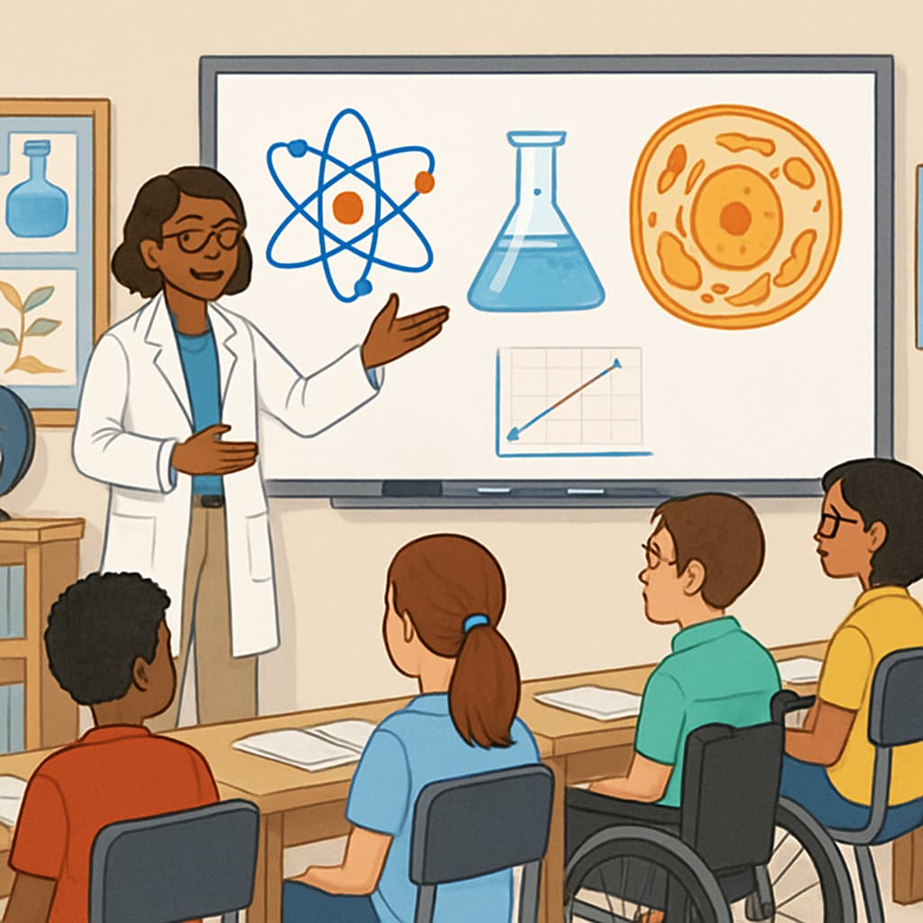 An inclusive science classroom with diverse students and a teacher explaining a concept using visual aids. Inclusive science classroom with diverse students and visual aids for ELLs.