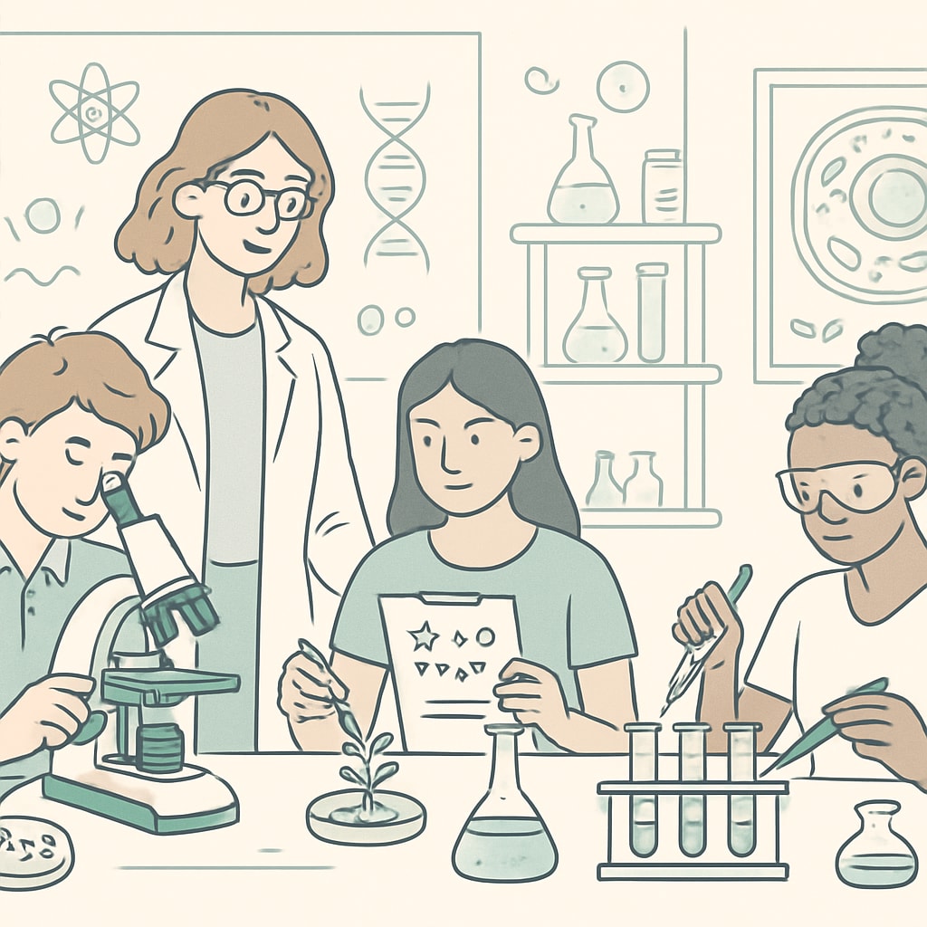 A high school science lab with students conducting biology experiments under the guidance of a teacher. The image highlights hands-on STEM education facilitated by educators with a biology background. High school students performing biology experiments with teacher guidance.