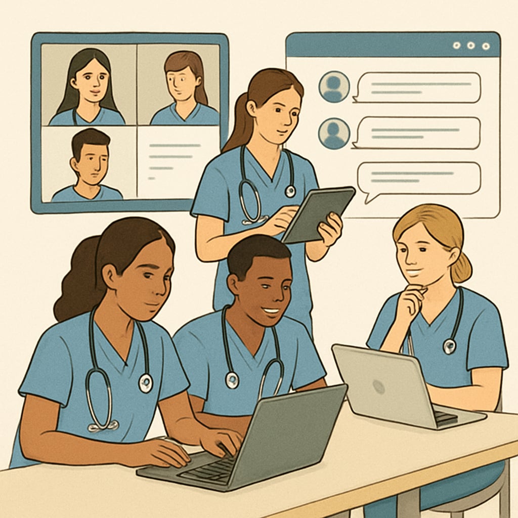 Nursing students discussing topics online in a virtual study group.