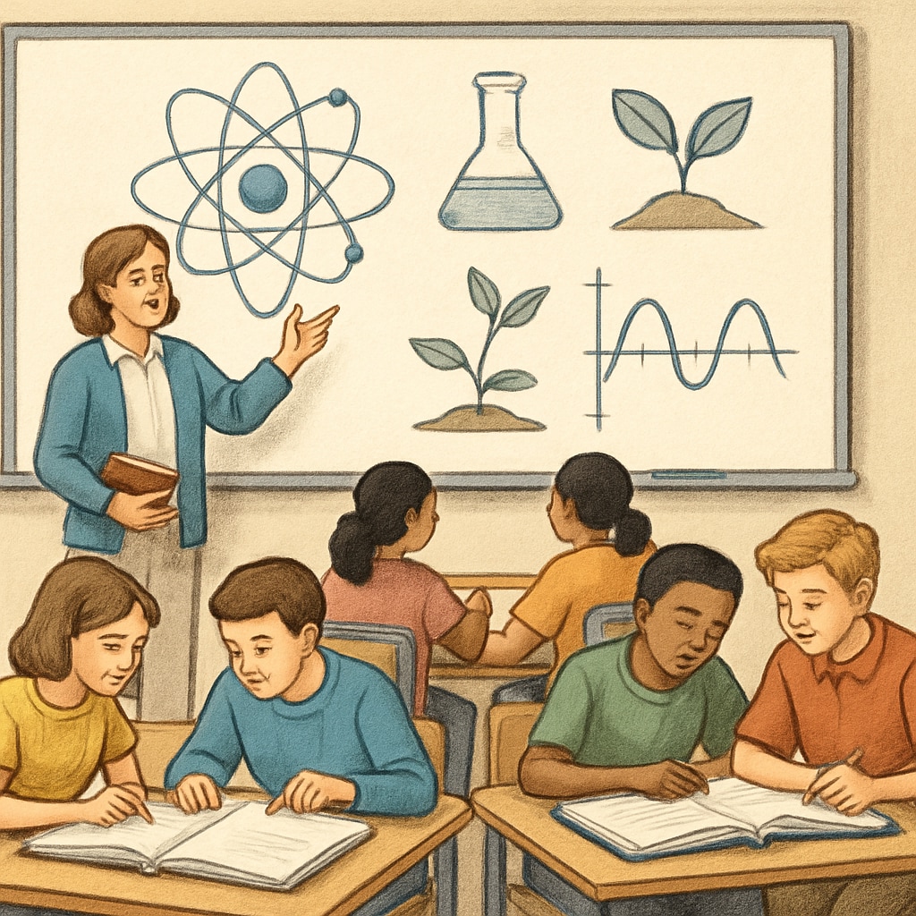 A teacher using a whiteboard with scientific diagrams while students work in groups. Teacher using diagrams to teach scientific concepts in an inclusive classroom.