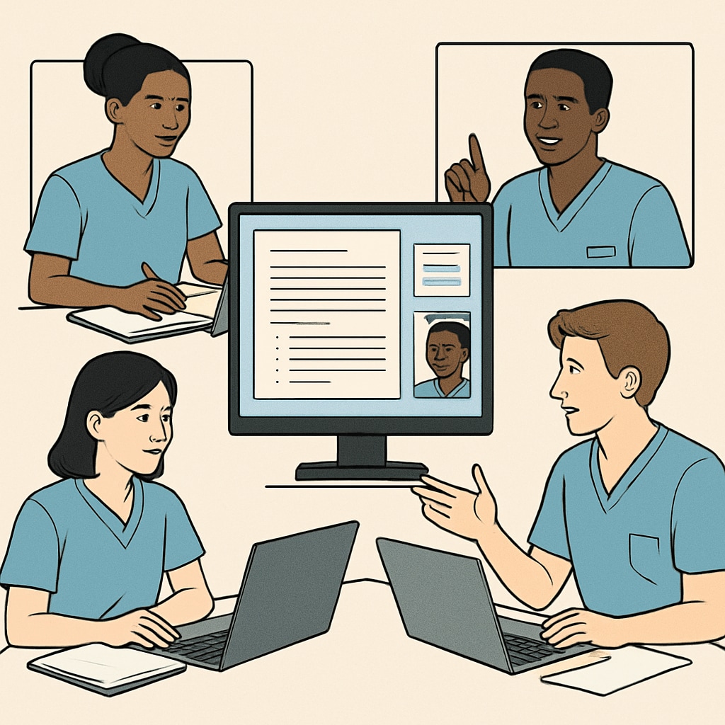 Nursing students working together digitally on a shared project or nursing-related document.