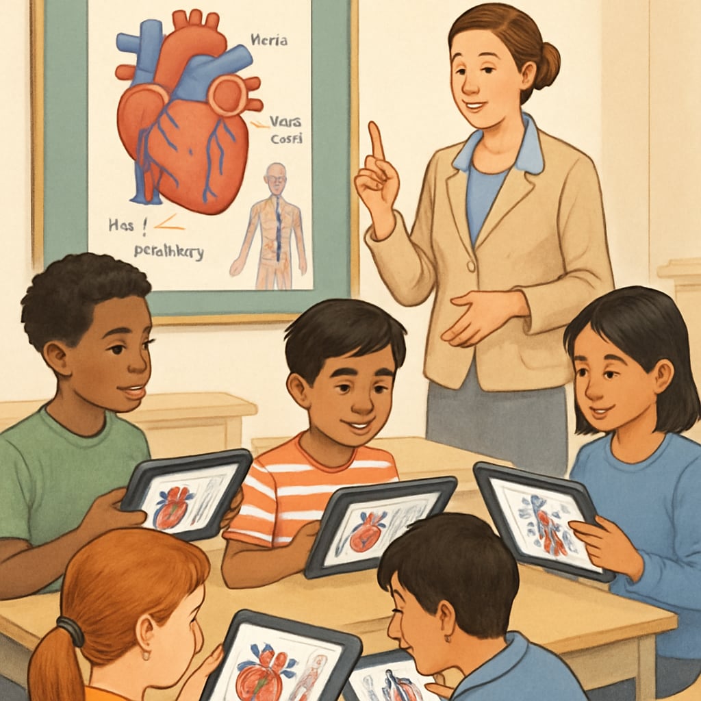 A classroom of diverse students using tablets to learn about human anatomy through an interactive cardiology module. Students learning about cardiology through interactive online resources, part of a health literacy curriculum.