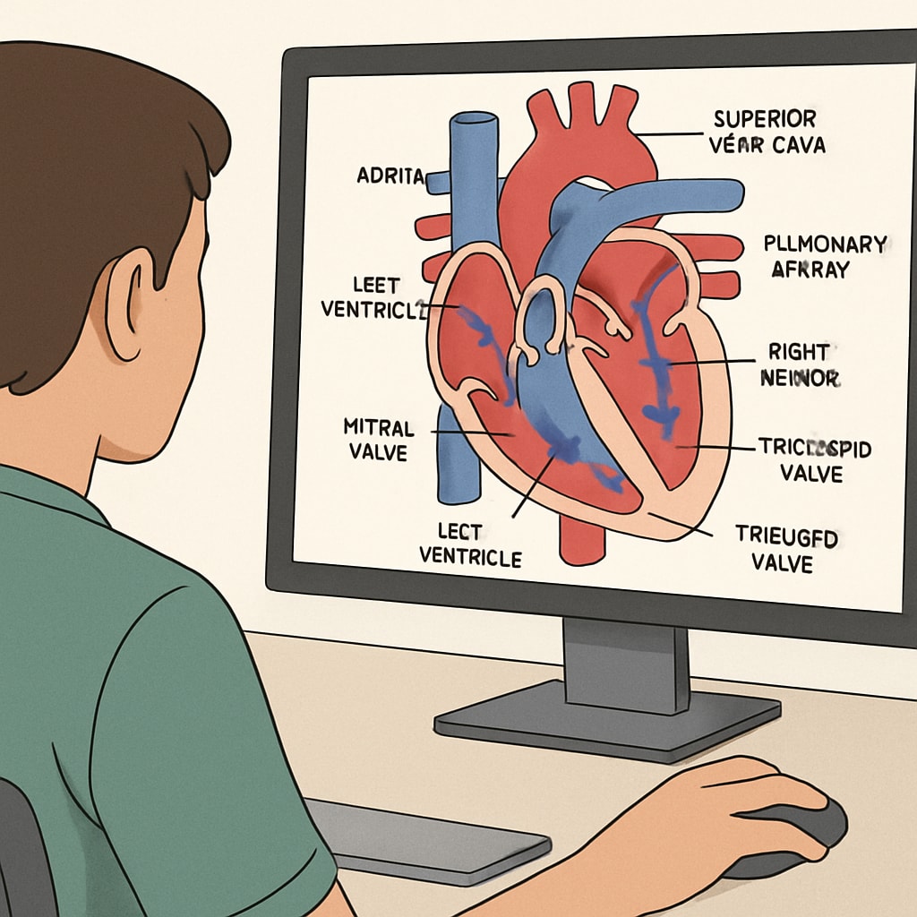 A student engaging with an online cardiology simulation, observing the flow of blood through the heart chambers. A student using an interactive digital platform to study the anatomy of the heart.