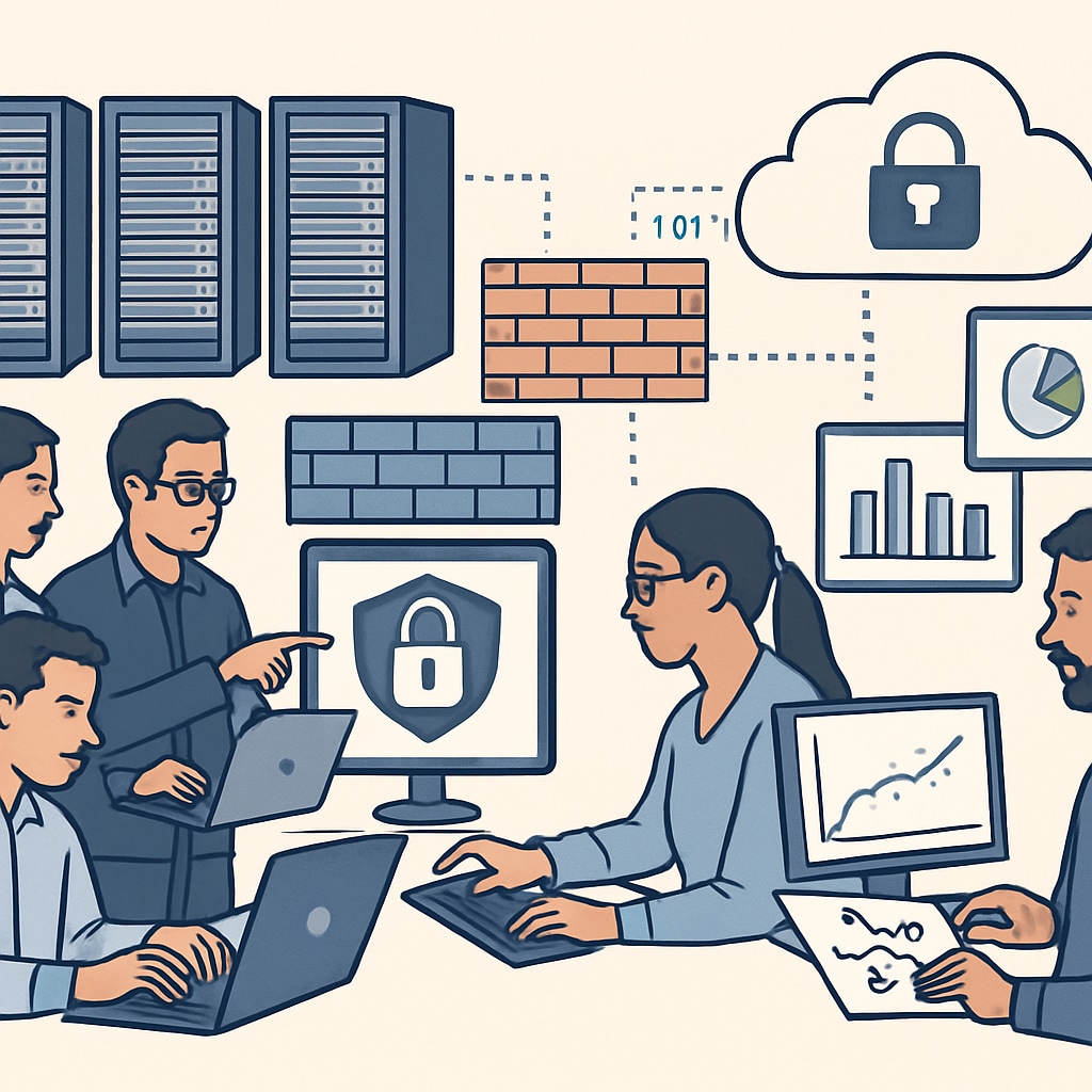 Cybersecurity professionals and data scientists working on their respective tasks.