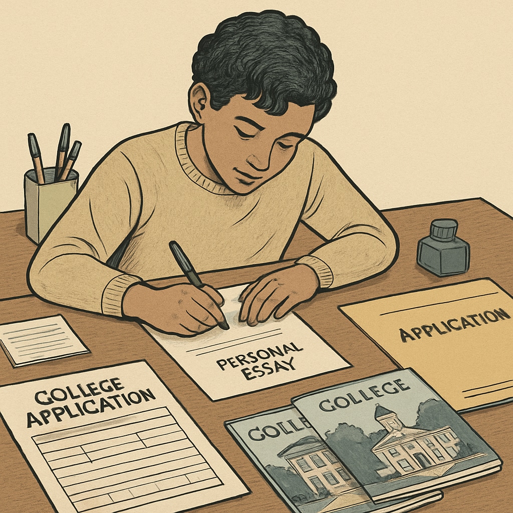 Harvard admissions, student working on college application essay.