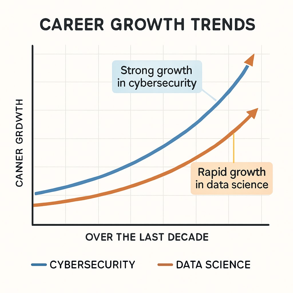 Chart showing the growth of cybersecurity and data science careers over time.