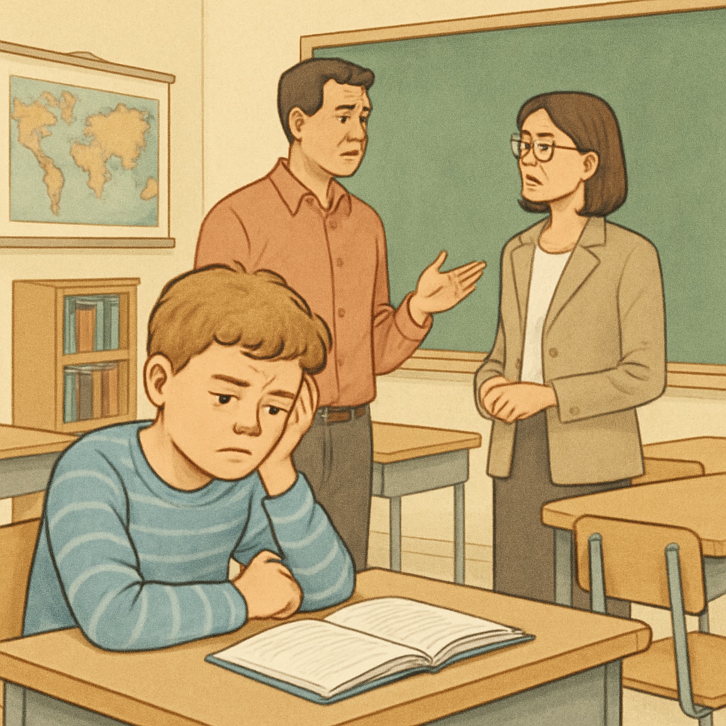 A student sitting at a desk in a classroom, looking frustrated while their parent speaks to a school administrator. A frustrated student and parent discussing school transfer issues with an administrator.