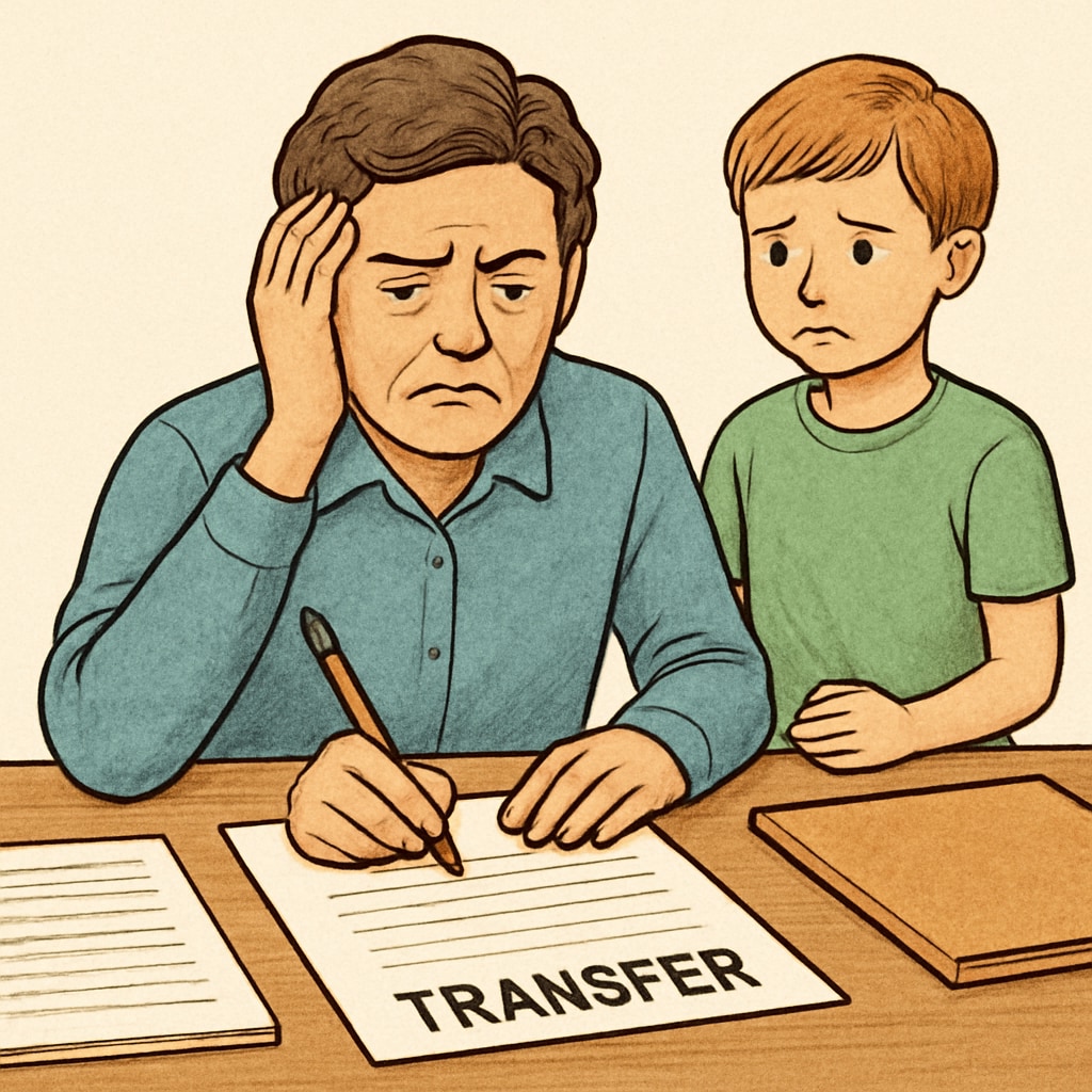 A frustrated parent filling out transfer paperwork while a child looks concerned beside them. Parent filling out paperwork for school transfer with a worried child nearby.