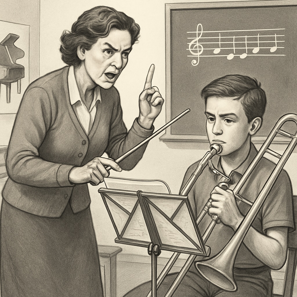 A teacher intensely instructing a student during a music rehearsal, symbolizing strict educational methods. Strict teaching methods in education.