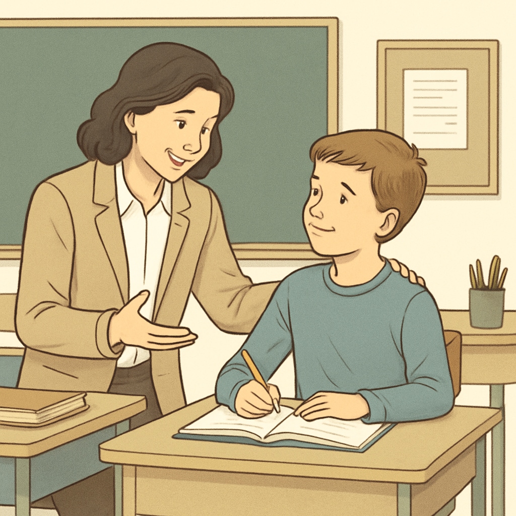A teacher providing supportive feedback to a student in a classroom, representing the importance of care in education. Care in education through supportive teaching.