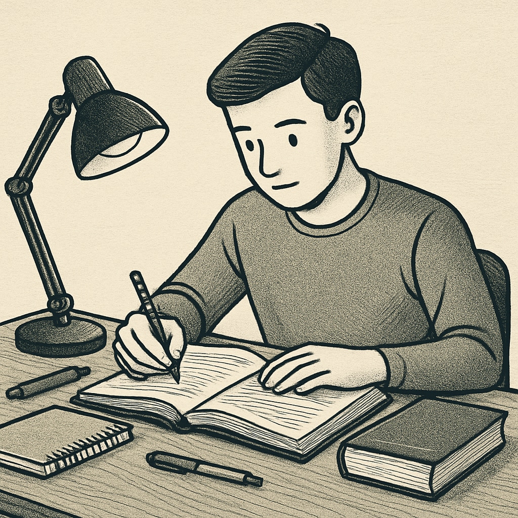 A student reviewing notes and textbooks, symbolizing preparation for academic success despite setbacks. A student preparing for A-Level exam retakes with focus and determination.