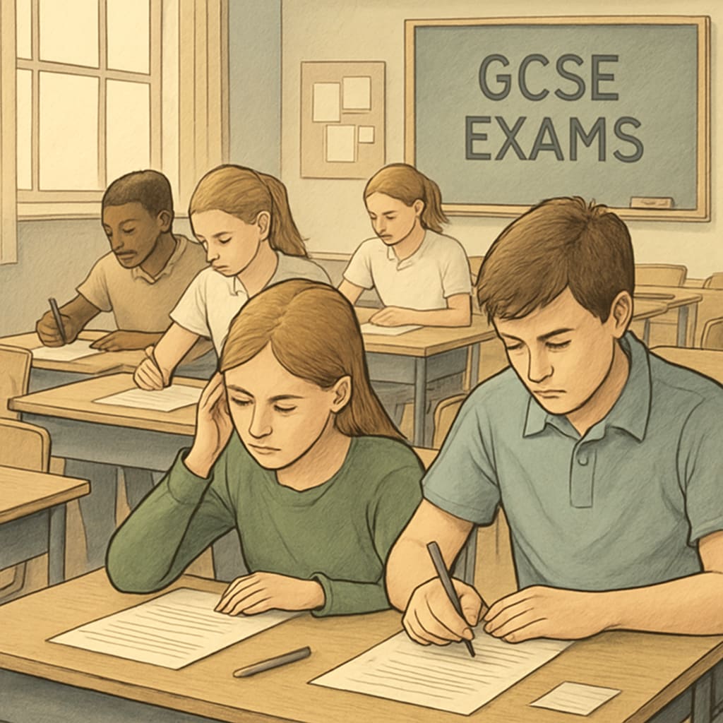 Students sitting for GCSE exams in a classroom setting, visibly focused on their papers. Students taking GCSE exams in a classroom setting, representing academic pressure and focus.