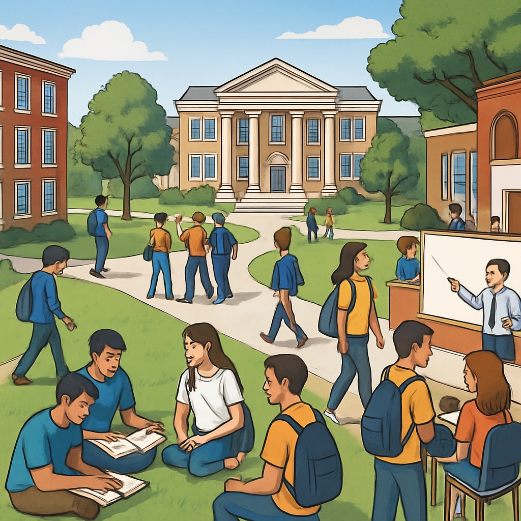 A vibrant university campus with students engaging in academic and social activities, representing opportunities at lower-tier domestic universities. Students on a university campus exploring academic and social opportunities.