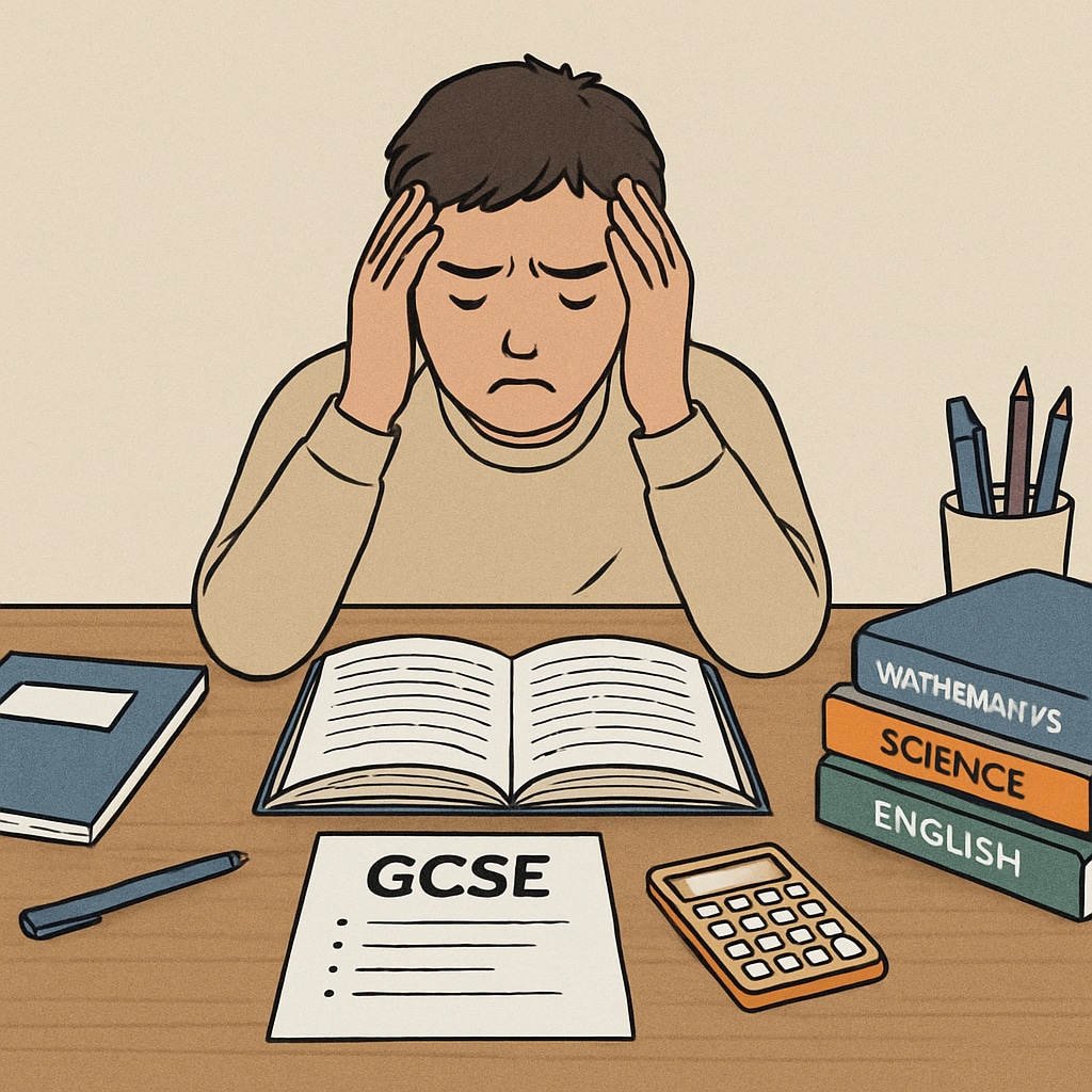 A student sitting at a desk, holding their head in frustration, with GCSE study materials scattered around. A frustrated student surrounded by GCSE study materials, symbolizing academic anxiety.