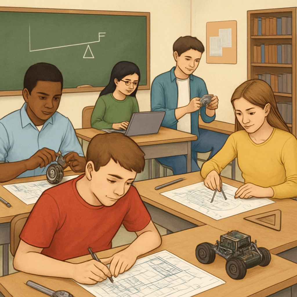 A classroom setting in a high school where students are working on technical projects related to engineering and design. Students engaging in CTE-focused technical projects in a classroom.