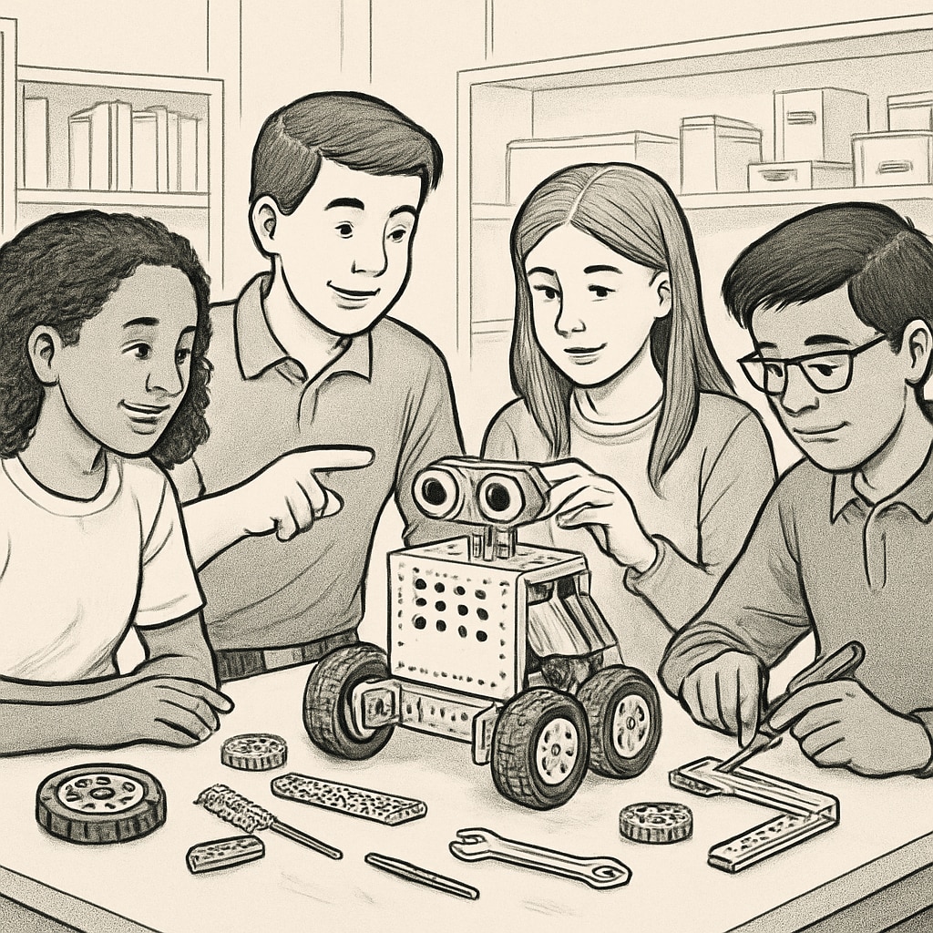 Students collaborating on a robotics project, demonstrating the integration of engineering concepts with teamwork. High school students working on robotics projects as part of a CTE program.