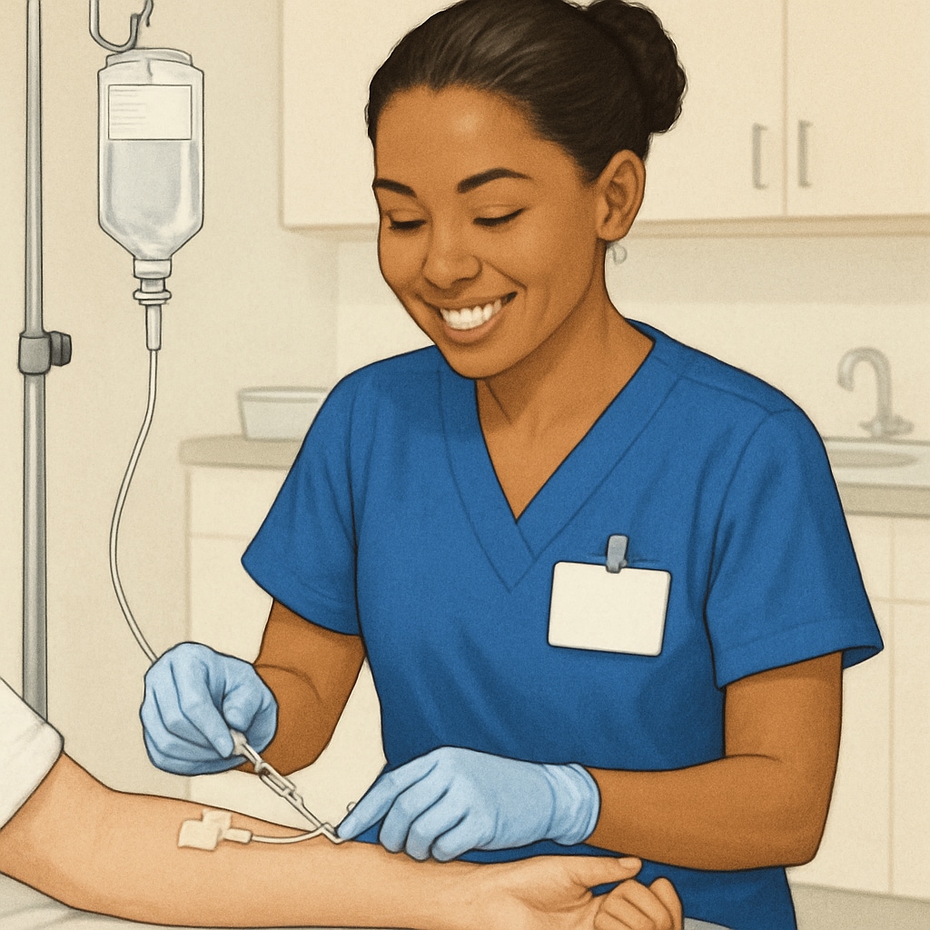 A smiling nursing student working in a clinical setting, symbolizing hands-on learning opportunities. Nursing student engaging in clinical practice, representing practical learning in nursing programs.