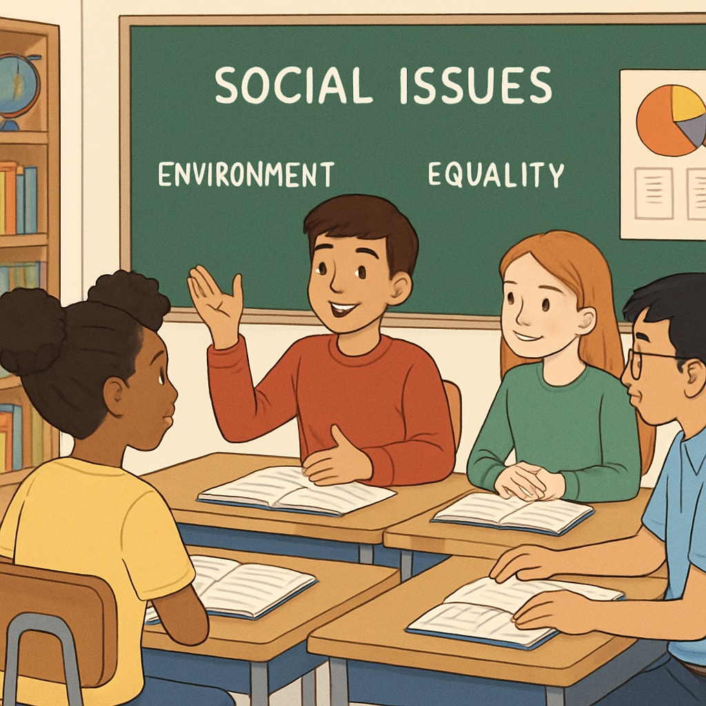 A classroom setting where students engage in a discussion about social issues, symbolizing inclusivity and awareness. Students discussing social issues in a classroom, symbolizing wokeness in schools.