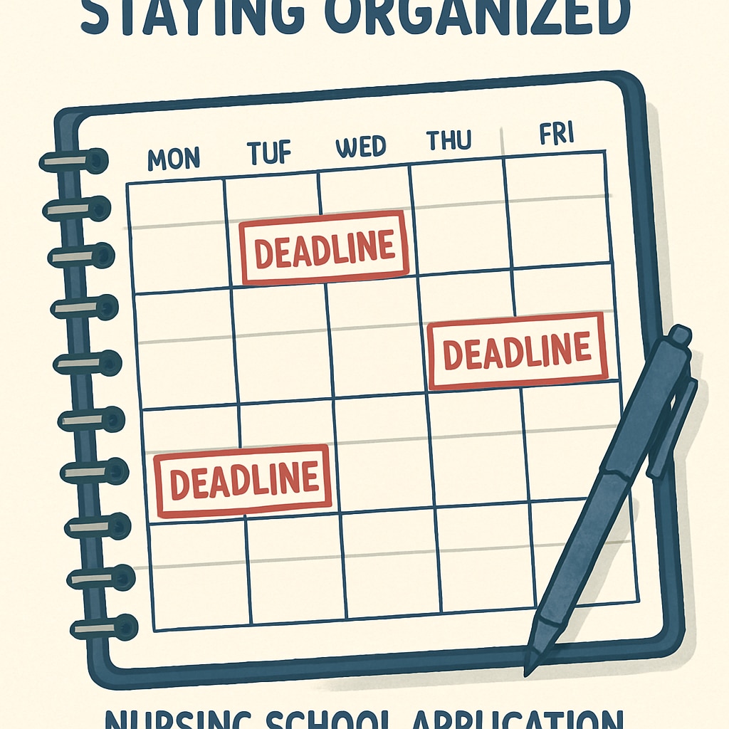 A planner with deadlines marked, symbolizing staying organized during the nursing school application process. A planner illustrating important application deadlines for nursing school transfers.