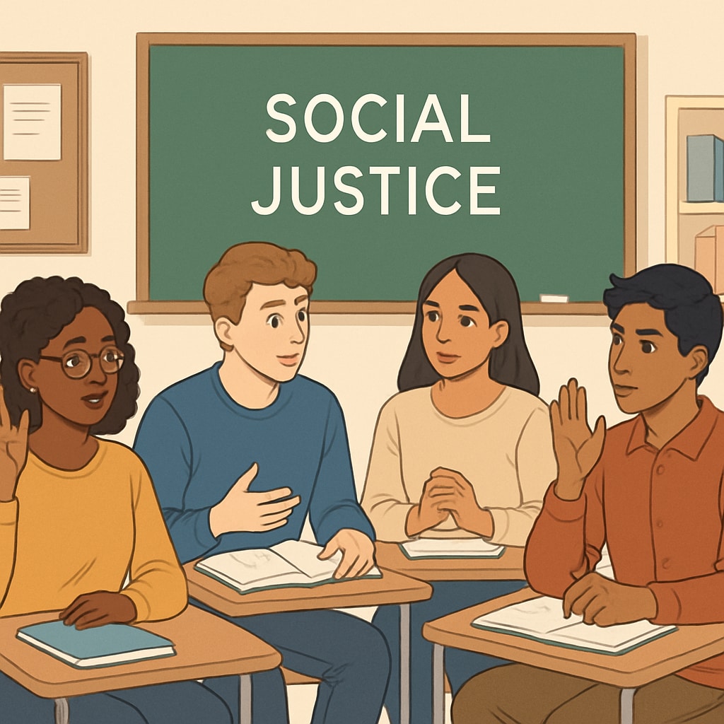 A group of diverse students engaging in a classroom discussion about social justice topics, symbolizing campus wokeness. Students discussing social justice topics in a classroom, representing campus wokeness.