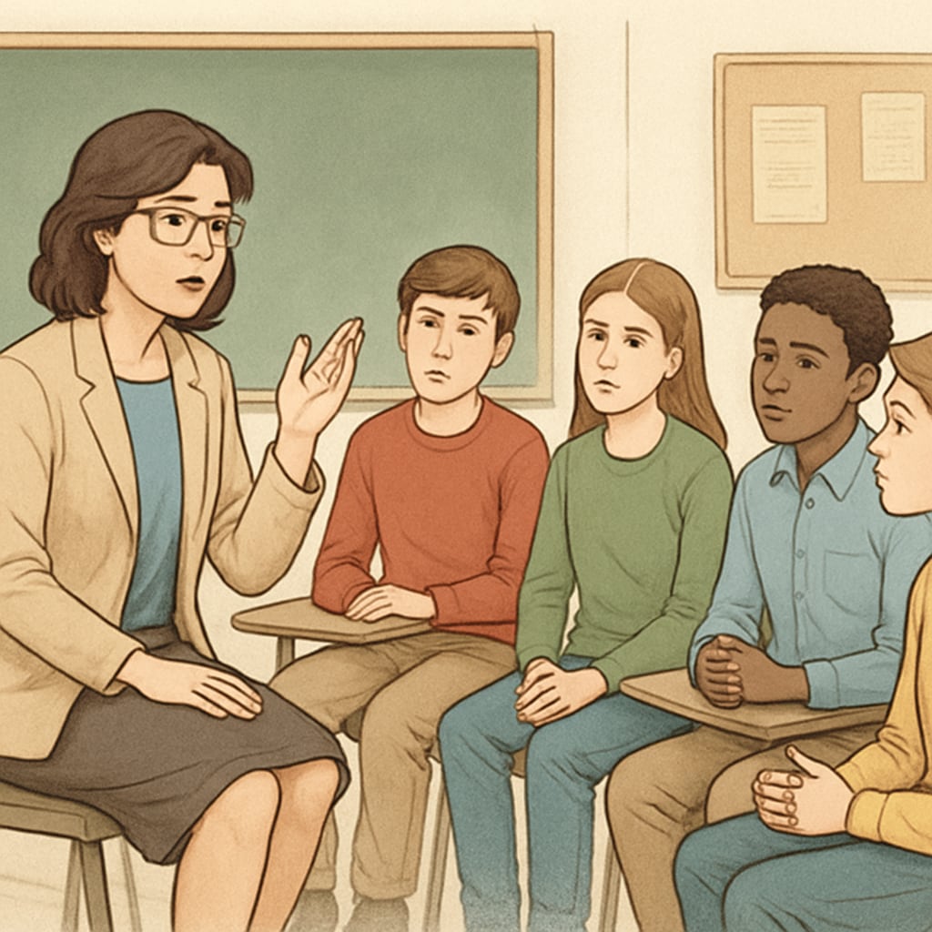 A teacher guiding a group of students in a reflective discussion, showcasing critical thinking and open dialogue. A teacher facilitating a reflective discussion with students, emphasizing critical thinking.