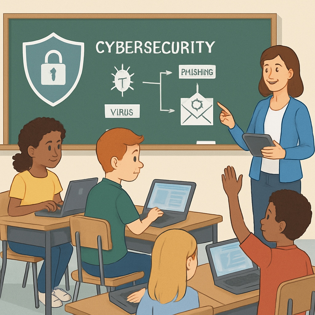 K12 students learning cybersecurity concepts, preparing for careers in cybersecurity.