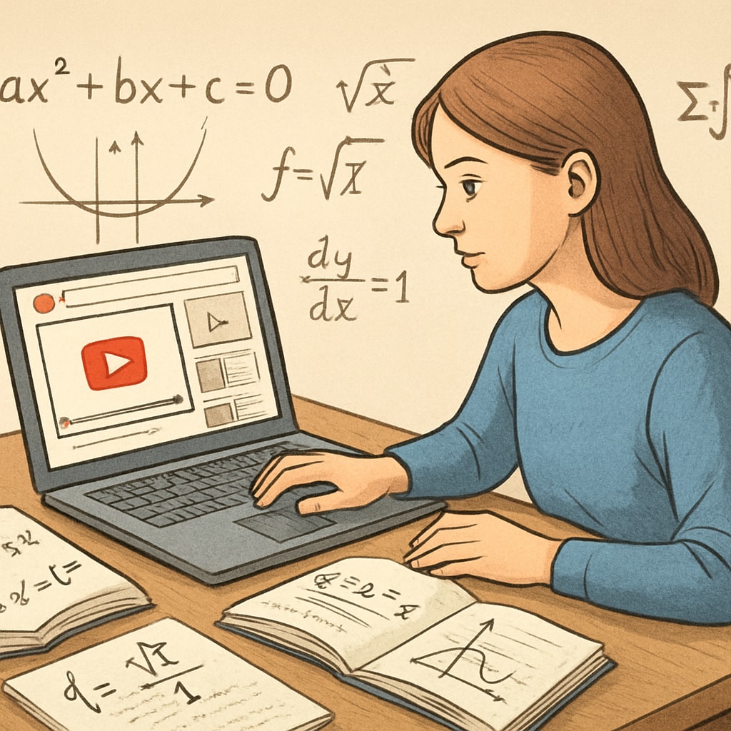 A young woman studying mathematics on a laptop, surrounded by open notebooks and a visible YouTube interface on the screen. This represents the use of online learning resources for math preparation. Woman studying math on YouTube as part of campus recruitment preparation.