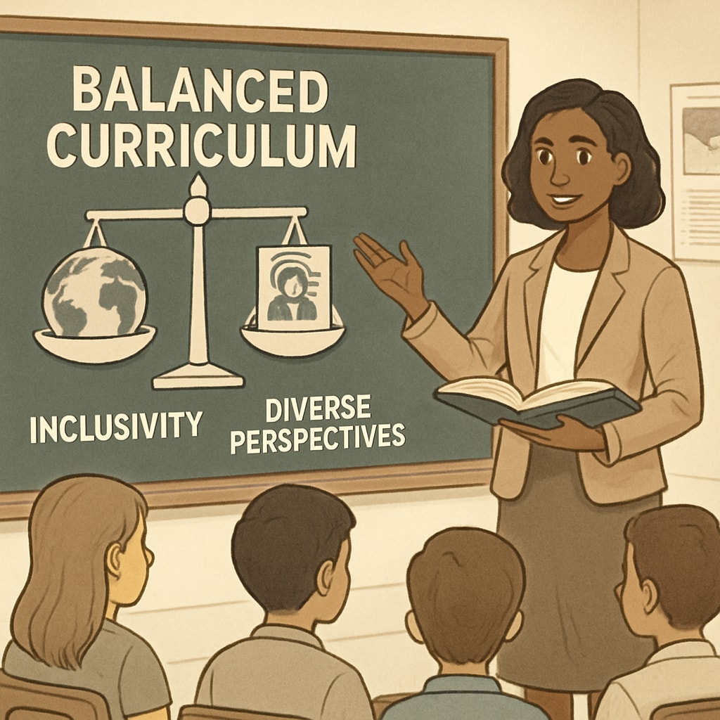 A teacher presenting a balanced curriculum in a classroom, with a visible effort to include diverse perspectives. A teacher facilitating a discussion on diverse topics in a classroom.