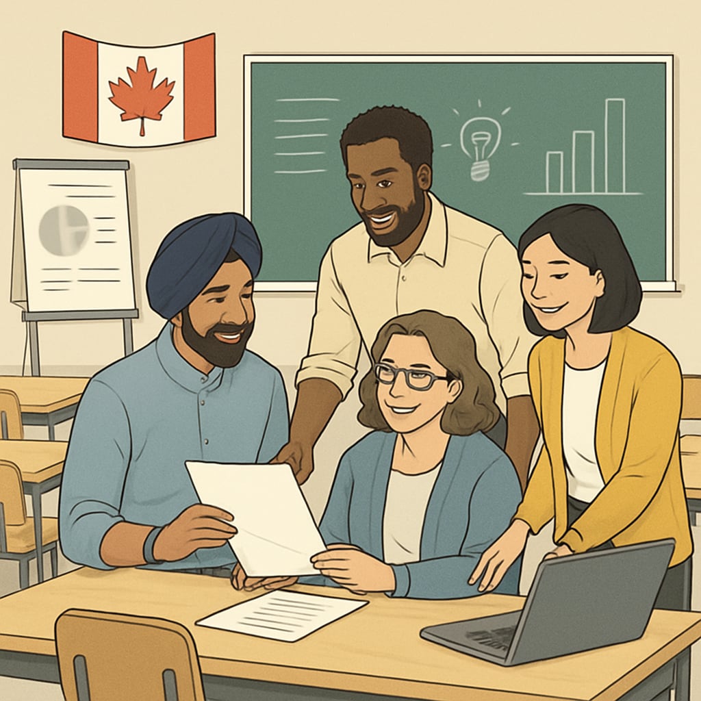 Diverse teachers collaborating in a Canadian classroom for K12 education.