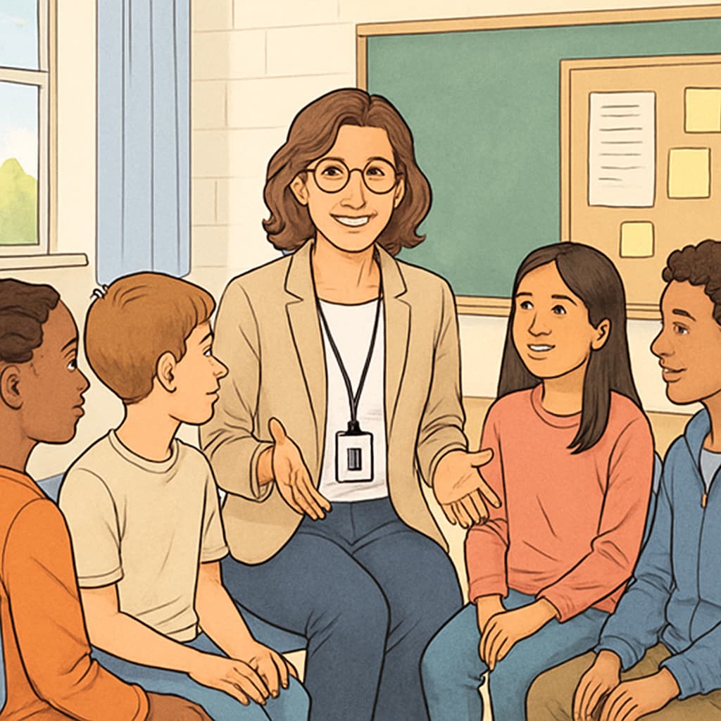 School counselor discussing mental health strategies with students.