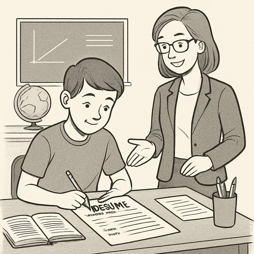 Student writing resume with teacher’s help