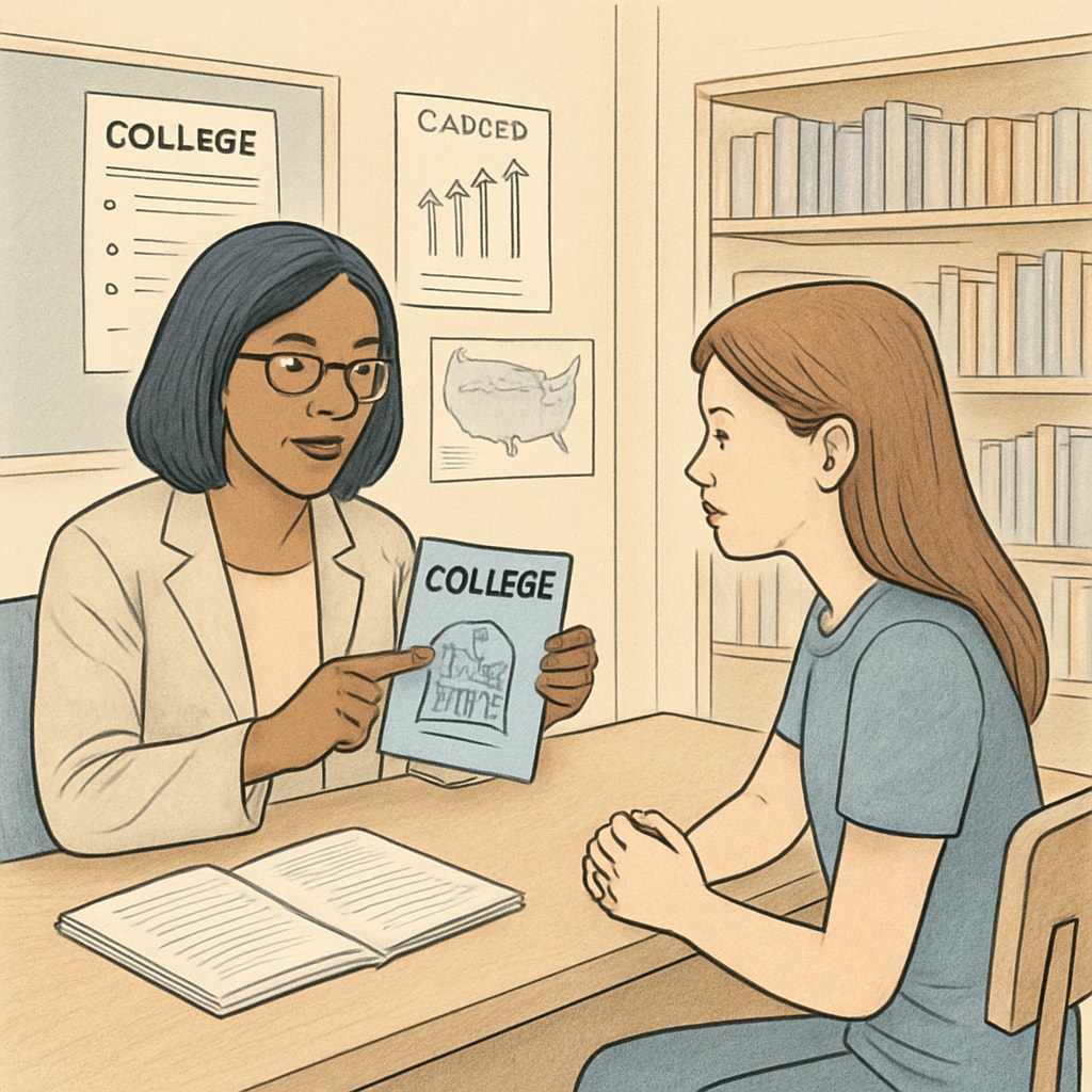 High school counselor guiding a student on college applications and career planning.