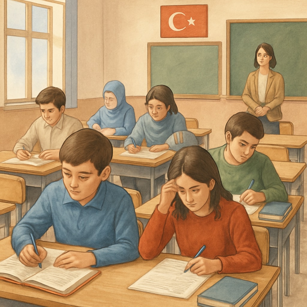 A classroom of Turkish students sitting at desks, preparing for a centralized exam. This represents the intense focus on standardized testing in Turkey's education system. Turkish students preparing for a centralized exam, highlighting exam pressure in the education system.