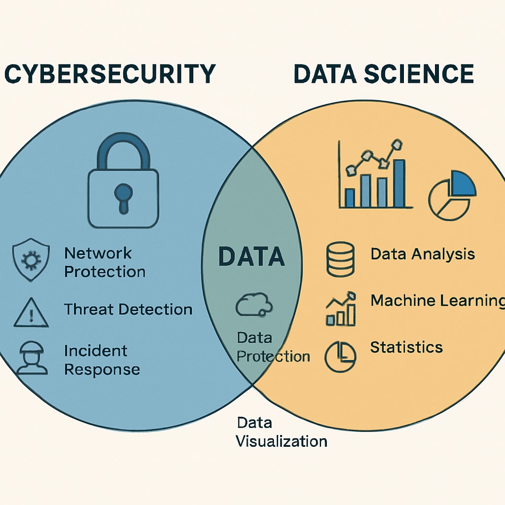 A graphic representation of cybersecurity and data science fields, showcasing their differences and areas of overlap. A comparison graphic illustrating cybersecurity and data science career paths.