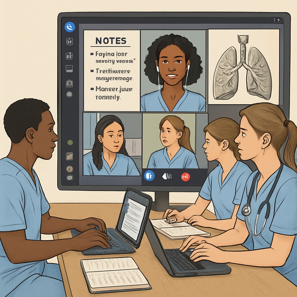 A group of nursing students engaging in a virtual study session via Discord, with visible notes and shared screens. Nursing students in a virtual study group on Discord.