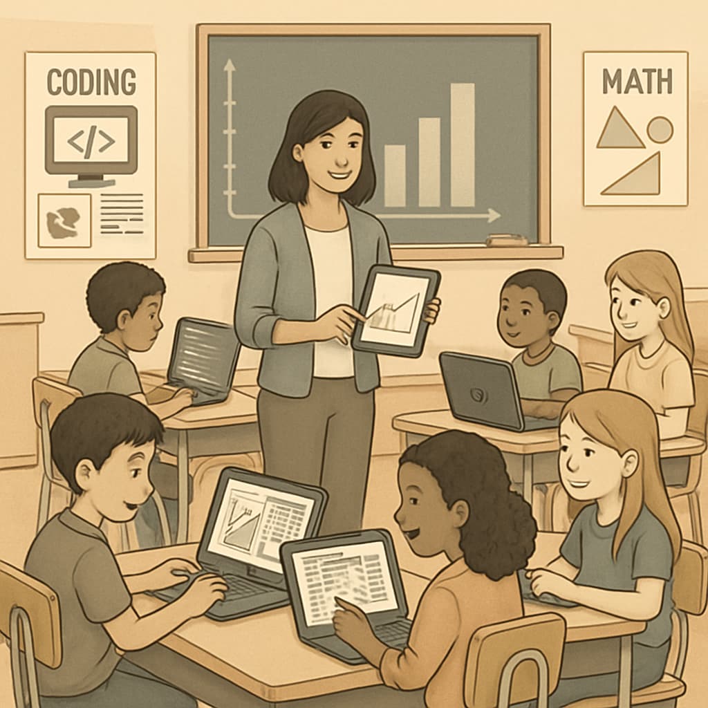 A K12 classroom where students are engaged in a coding or data analysis activity, emphasizing practical learning. Students in a K12 classroom participating in a coding or data science project.