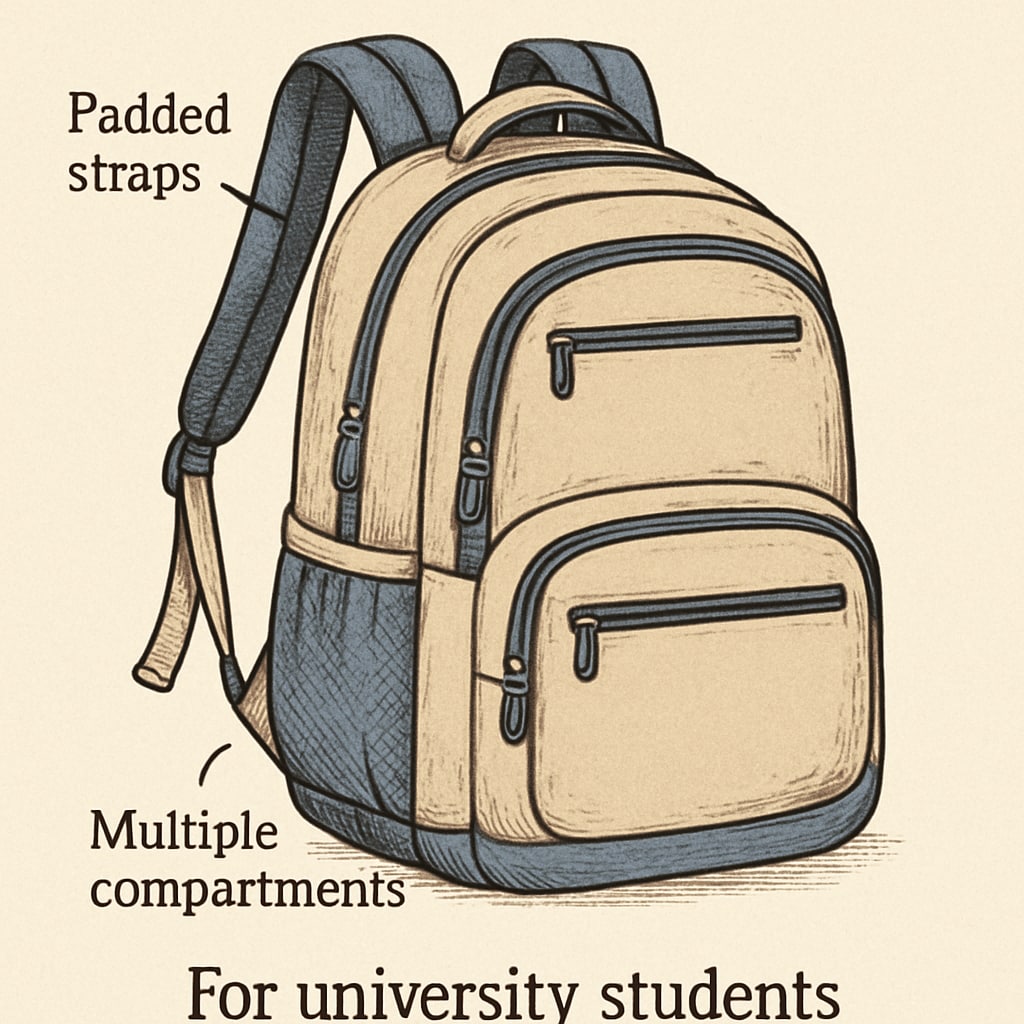 An ergonomic backpack with padded straps and multiple compartments, suitable for university students. Ergonomic university backpack with padded straps
