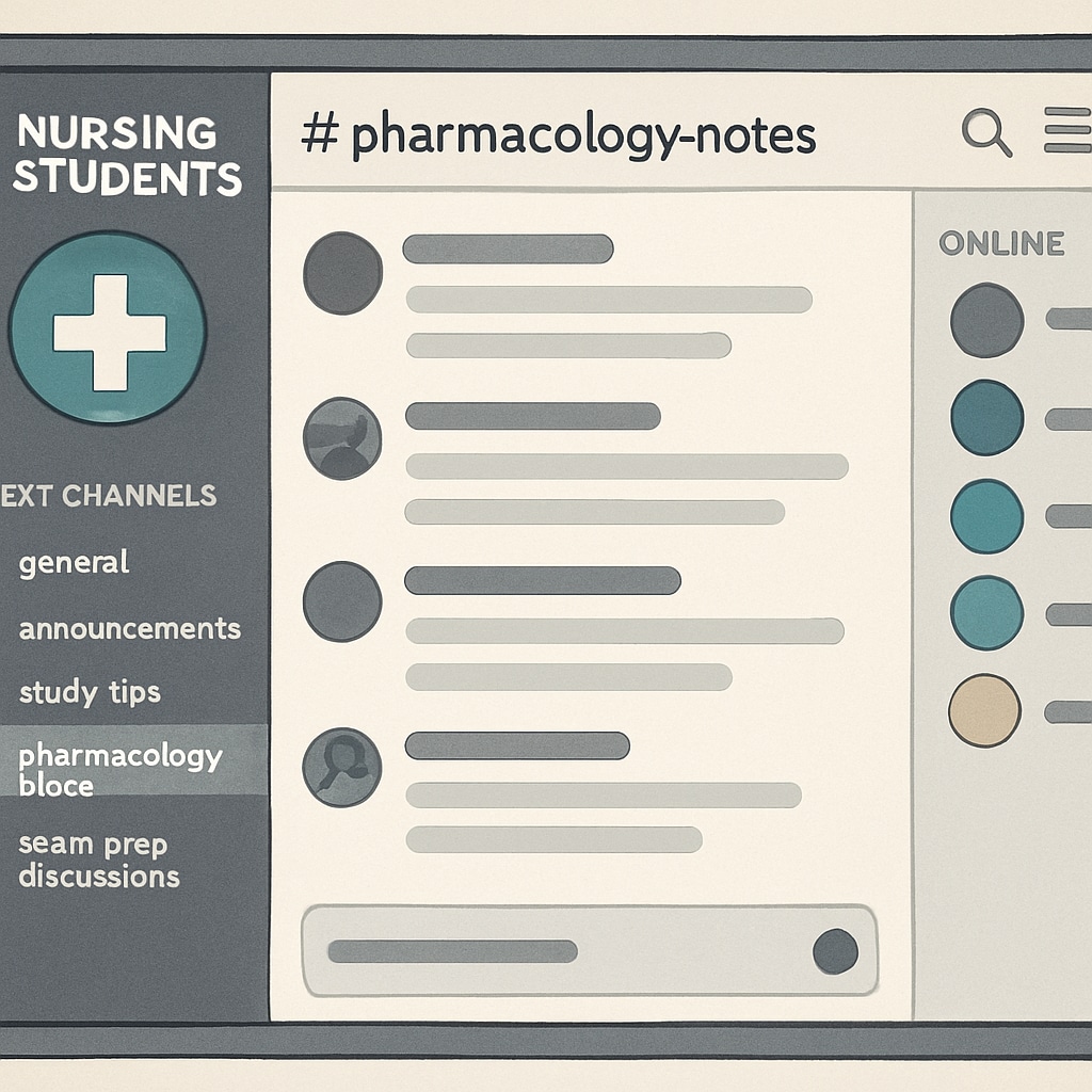 A screenshot of a well-organized Discord server for nursing students, featuring channels like Discord server for nursing study groups with organized channels.