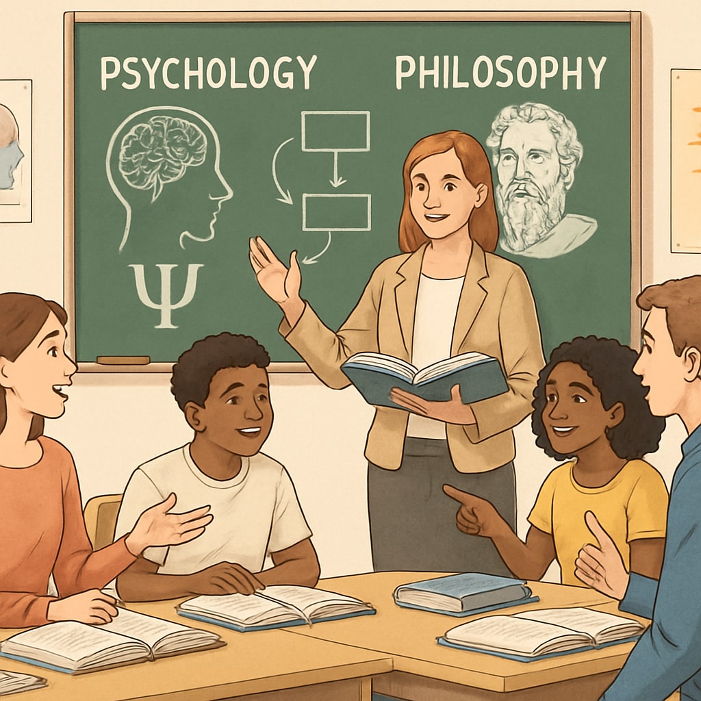 A classroom setting with students engaging in discussions about psychology and philosophy, using books and interactive materials. Students discussing psychology and philosophy resources in a classroom.