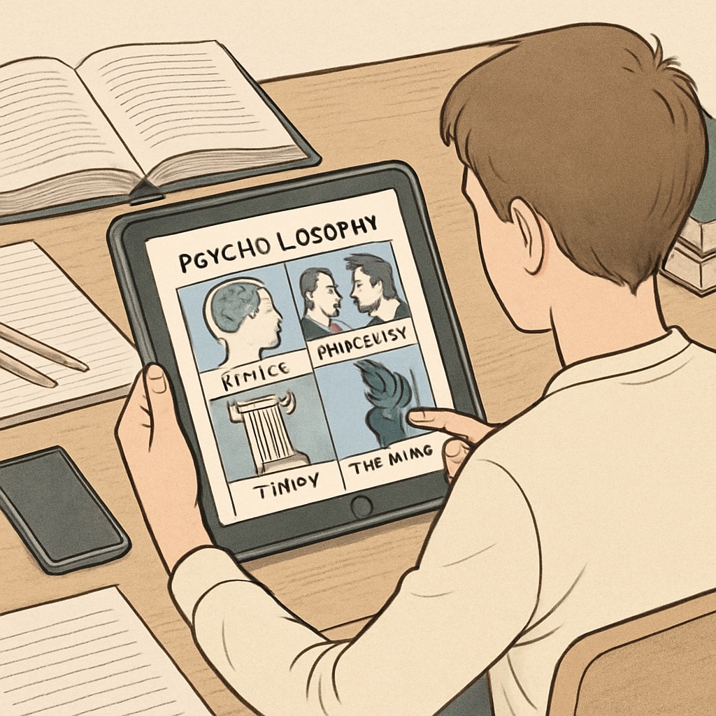 A student using an iPad to explore an interactive app or experiment related to psychology and philosophy. Student exploring psychology and philosophy apps on a tablet.