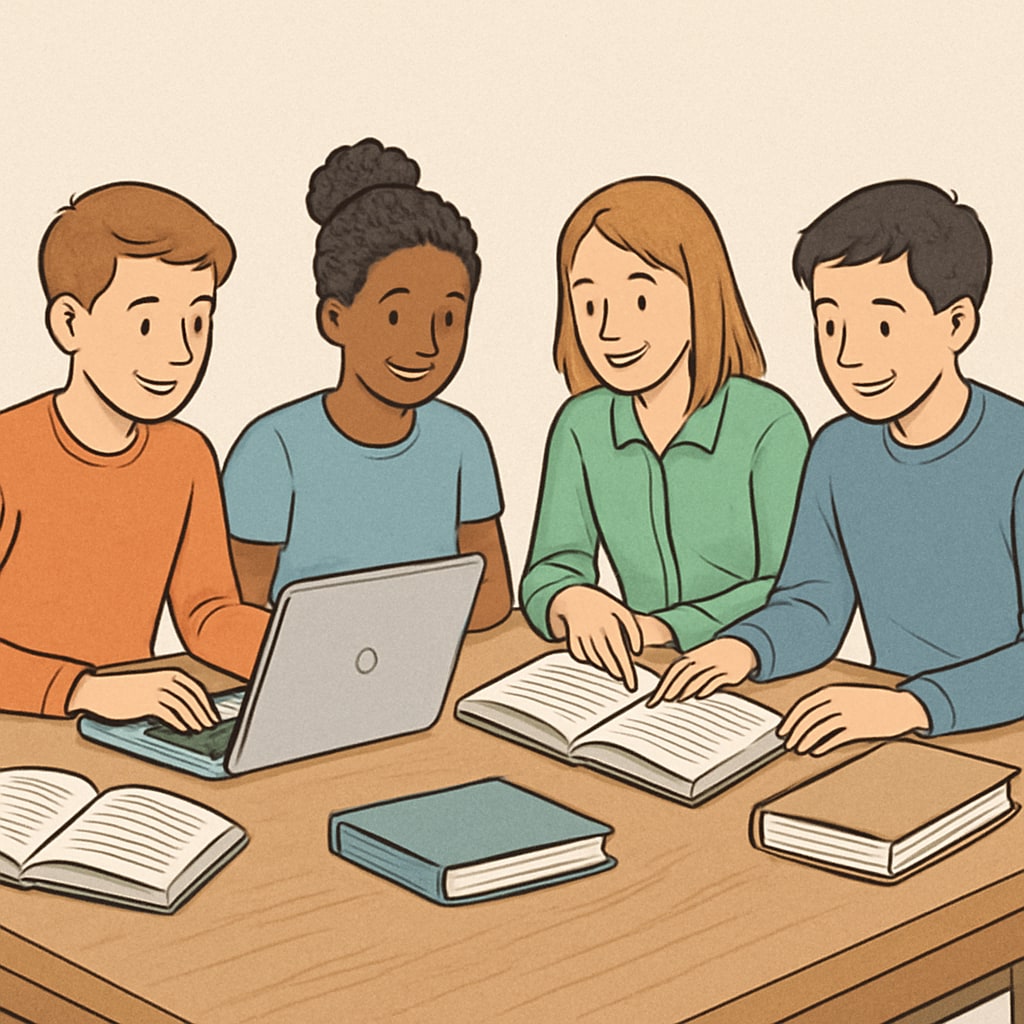 A group of students studying with laptops and books, symbolizing online learning platforms. Online learning platforms for extracurricular education resources
