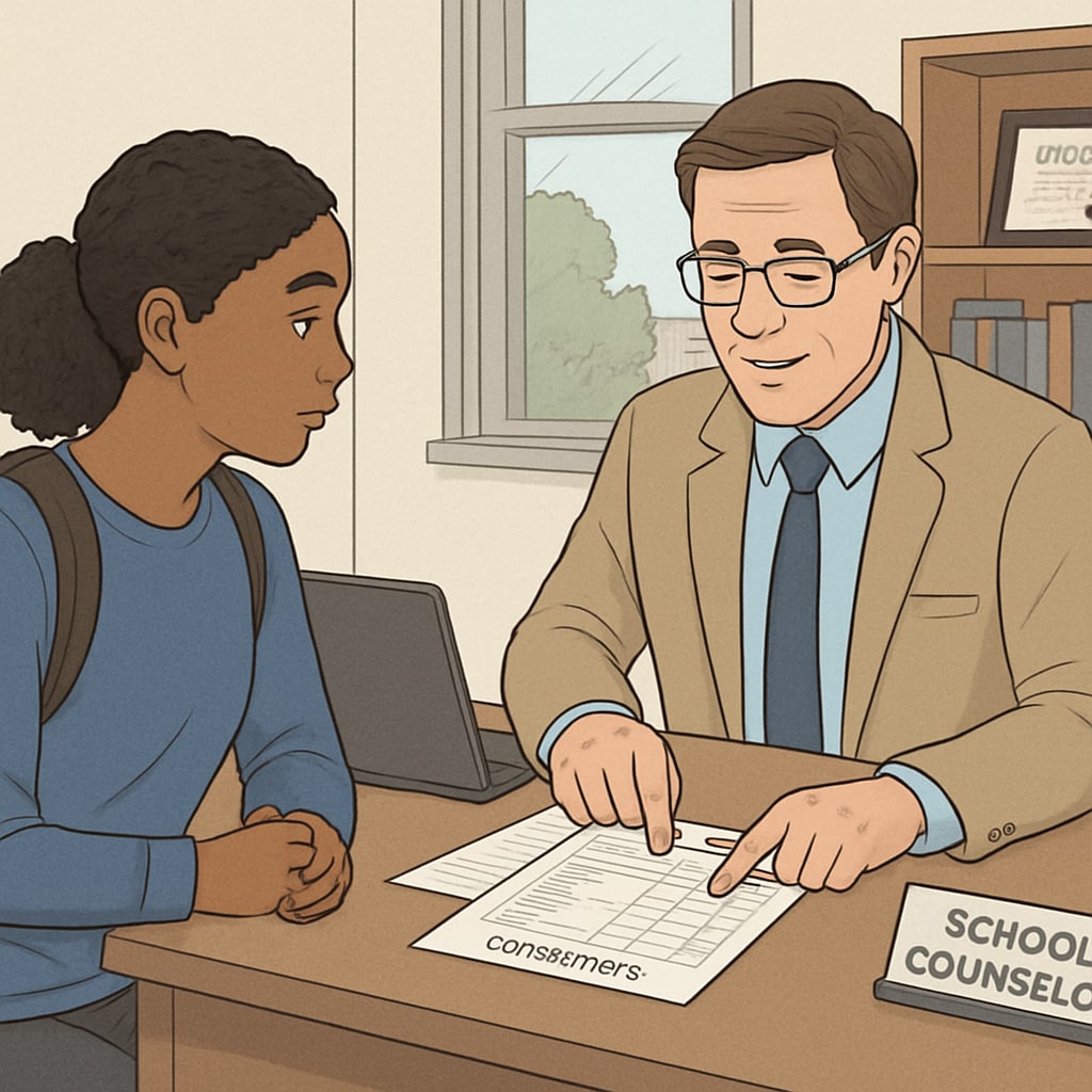 A student meeting with a school counselor to review their transcript and graduation requirements. The counselor is pointing to a printed transcript while the student listens attentively. Student and counselor discussing high school credit recovery strategies