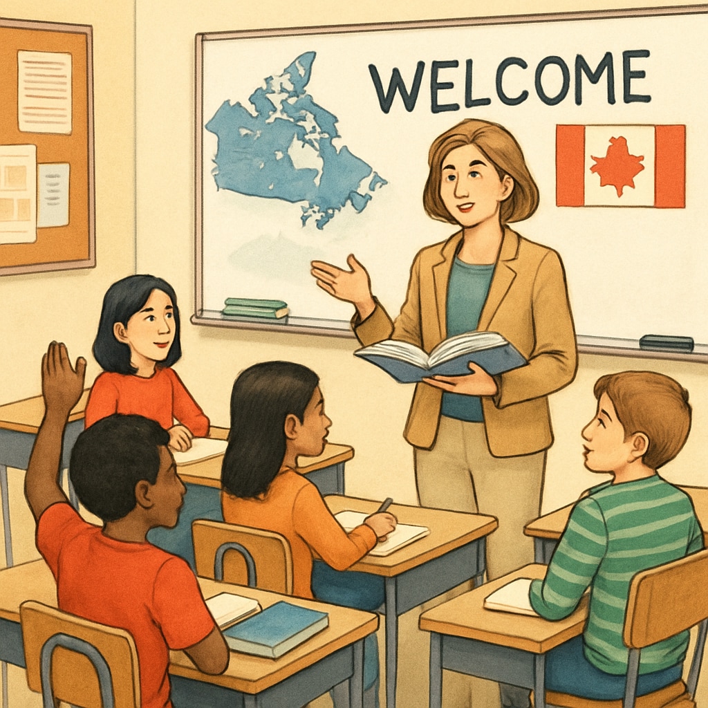 Canadian classroom with teacher and diverse students, illustrating inclusivity in education.