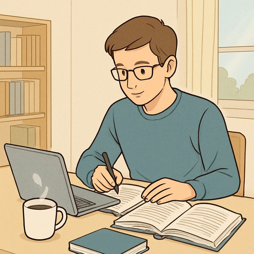 A student working on an online course at home. The desk is organized with a laptop, textbooks, and a cup of coffee, symbolizing focused study. High school student recovering credits through online learning