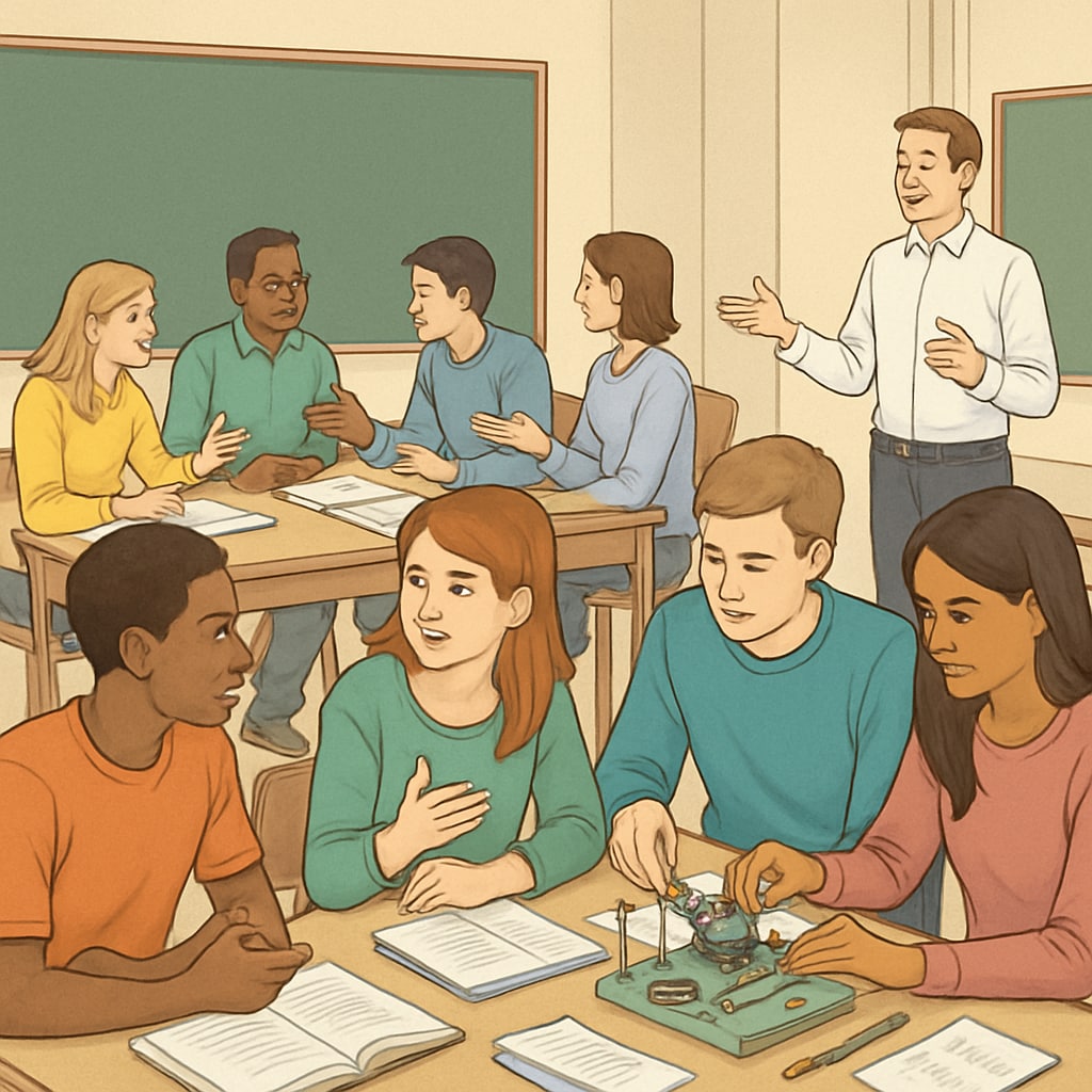 A classroom setting with students engaging in group discussions and hands-on workshops. Offline institutions providing extracurricular learning resources for high school students