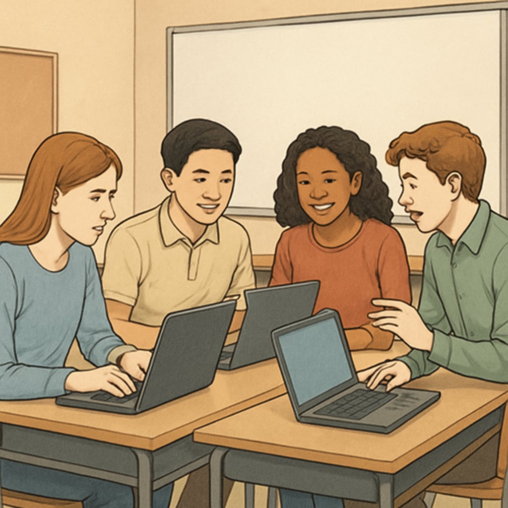 Students collaborating using Discord in a classroom setting.